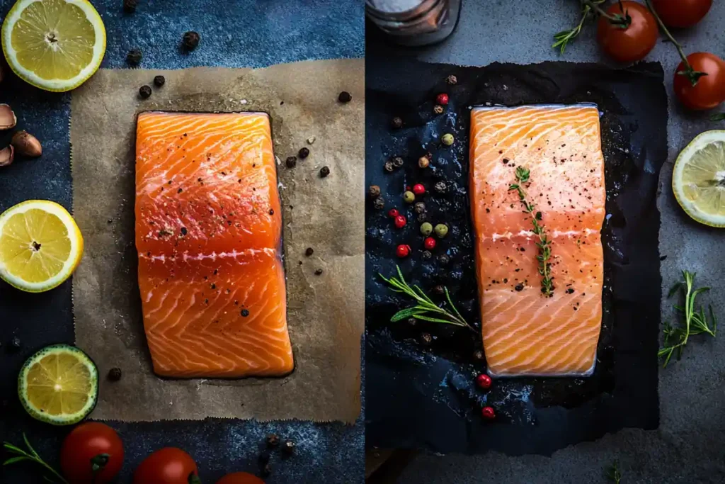 A side-by-side comparison of wild-caught and farm-raised salmon fillets, highlighting distinct differences in color, texture, and size.