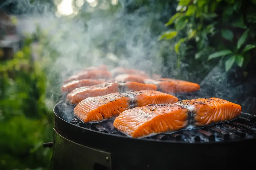 A smoker filled with salmonfillets releasing fragrant smoke from cherrywood chips, set amidst lush greenery.