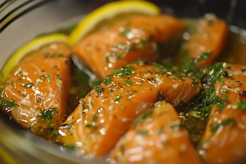 Salmon fillets in a glass bowl, submerged in a herb-infused brine with visible salt and peppercorns.