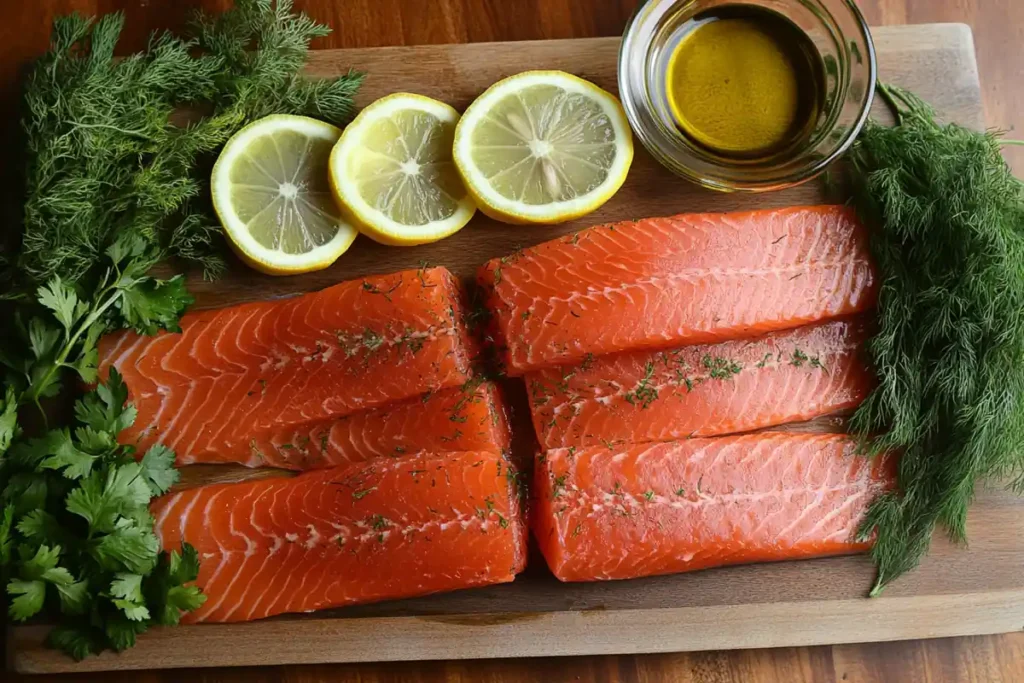 Fresh salmon fillets surrounded by lemon slices, olive oil, and fresh herbs such as dill and parsley, arranged in a flat lay style.