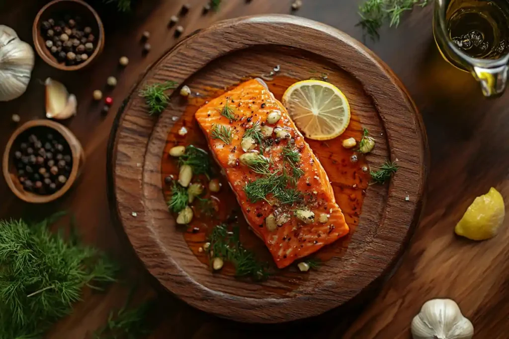 A perfectly cooked salmon fillet garnished with fresh dill and a lemon slice on a rustic wooden plate, surrounded by olive oil, peppercorns, and garlic cloves, with warm lighting.