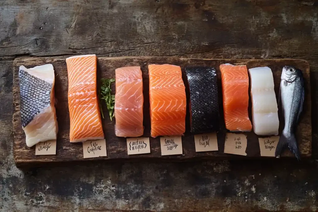 Flat-lay of cod, salmon, and mackerel on a rustic wooden board with sustainability tags.