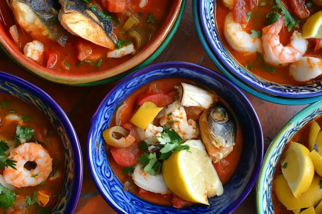 Overhead view of Bouillabaisse, Moqueca, and Cioppino in colorful bowls with vibrant garnishes.