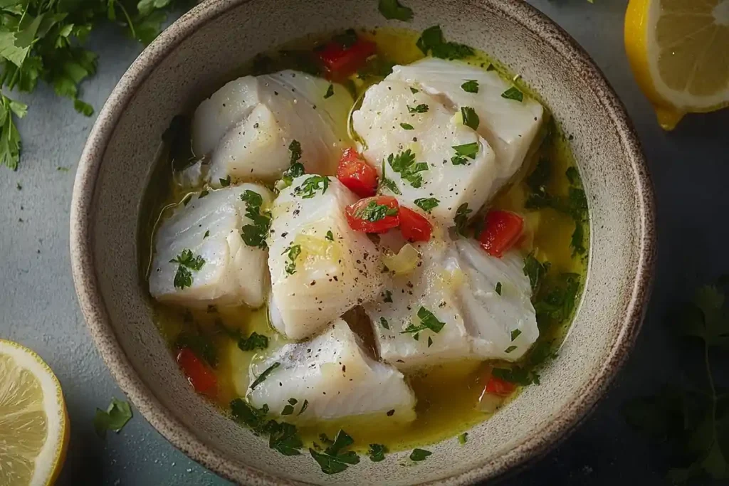 White fish stew served in a rustic bowl, garnished with parsley, surrounded by fresh fish fillets and herbs.