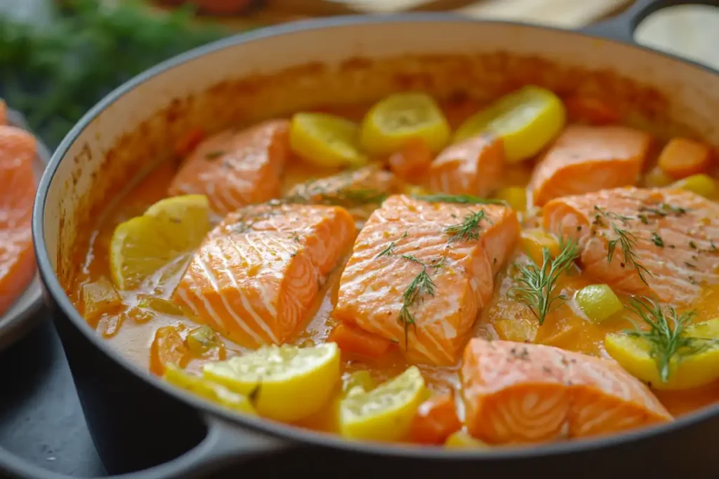 Salmon stew with vegetables in a casserole, surrounded by fresh salmon fillets and condiments.