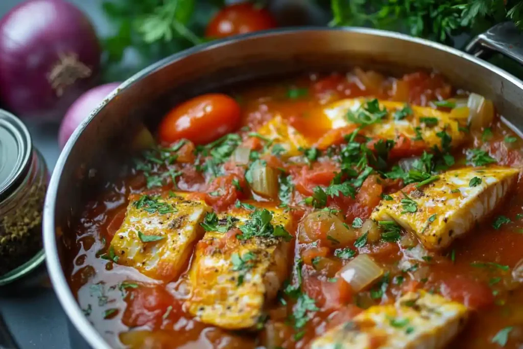 Close-up of fresh vegetables, herbs, and spices next to a simmering pot of fish stew.