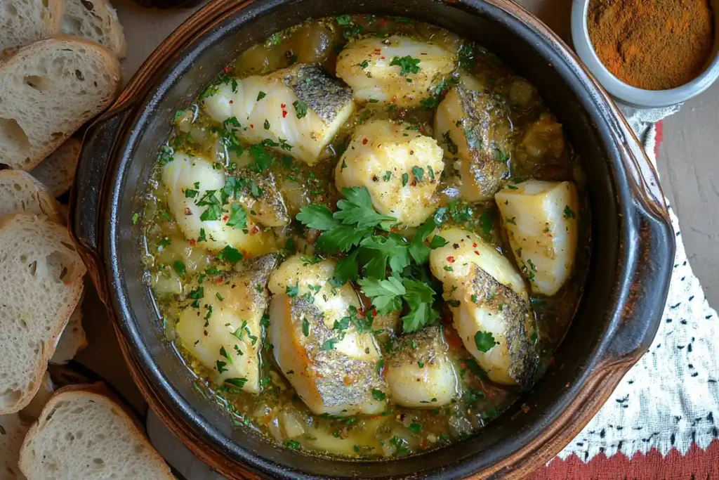 Fully cooked fish stew in a rustic pot, garnished with parsley, surrounded by bread slices and a bowl of spices.