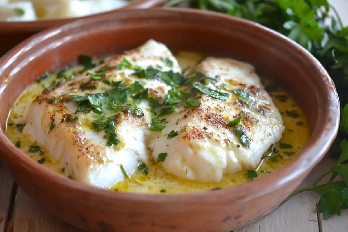 Close-up of a rustic clay bowl containing white fish fillets in a creamy, golden broth, garnished with fresh parsley.