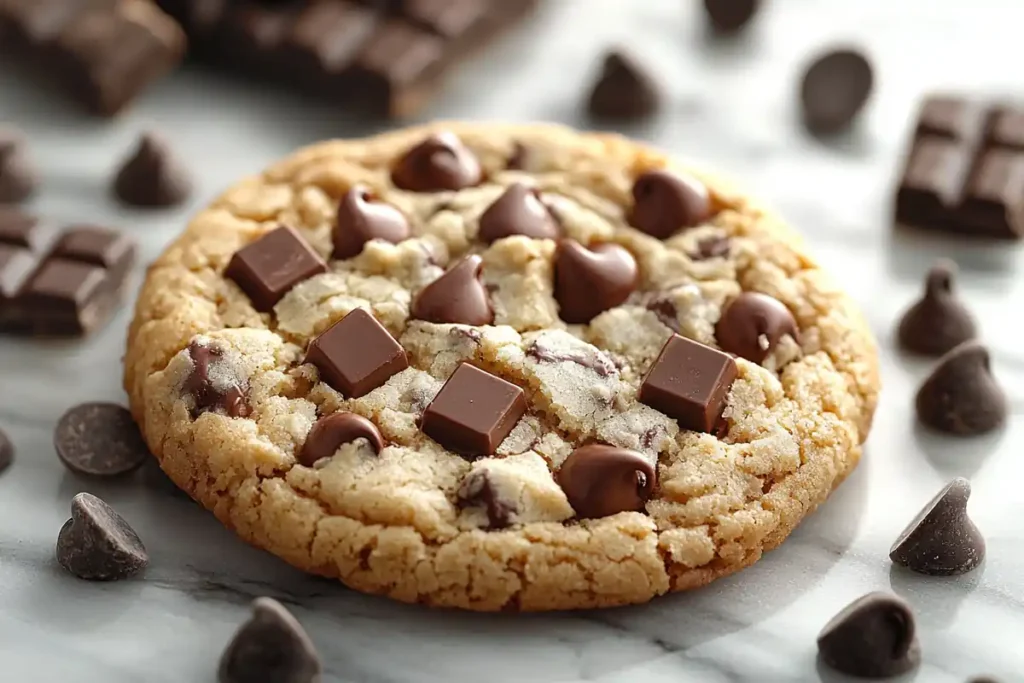 A freshly baked cookie topped with chocolate chips and chocolate chunks sits on a marble surface.