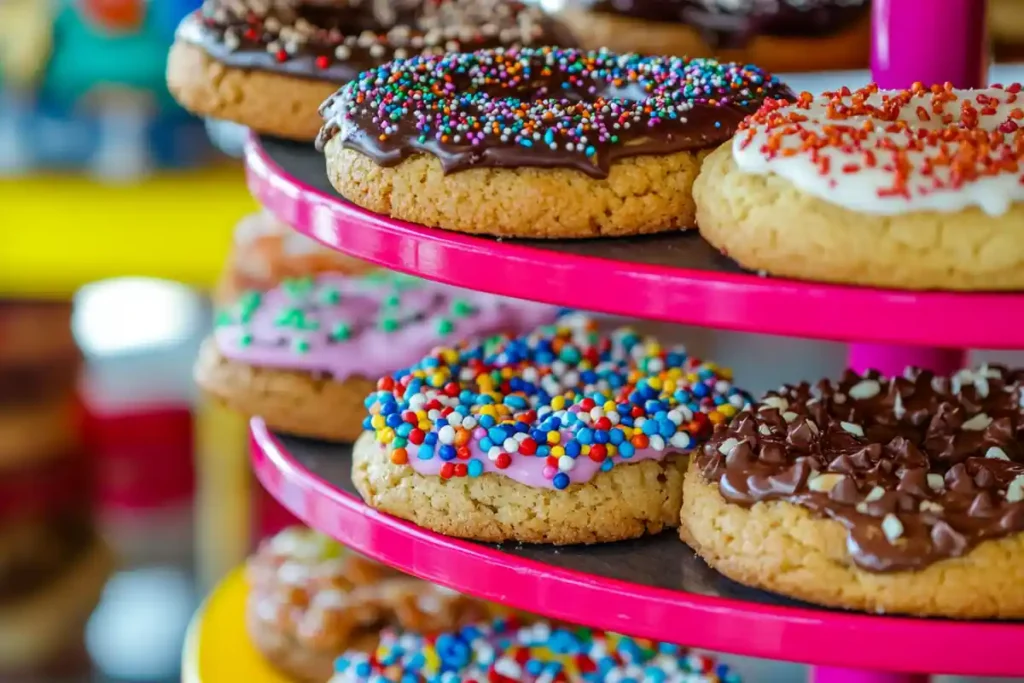 A colorful display of decorated cookies on a tiered pink stand.