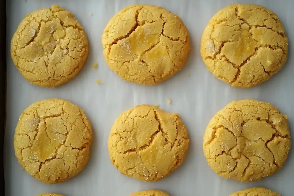 Several golden-yellow cookies rest on parchment paper.