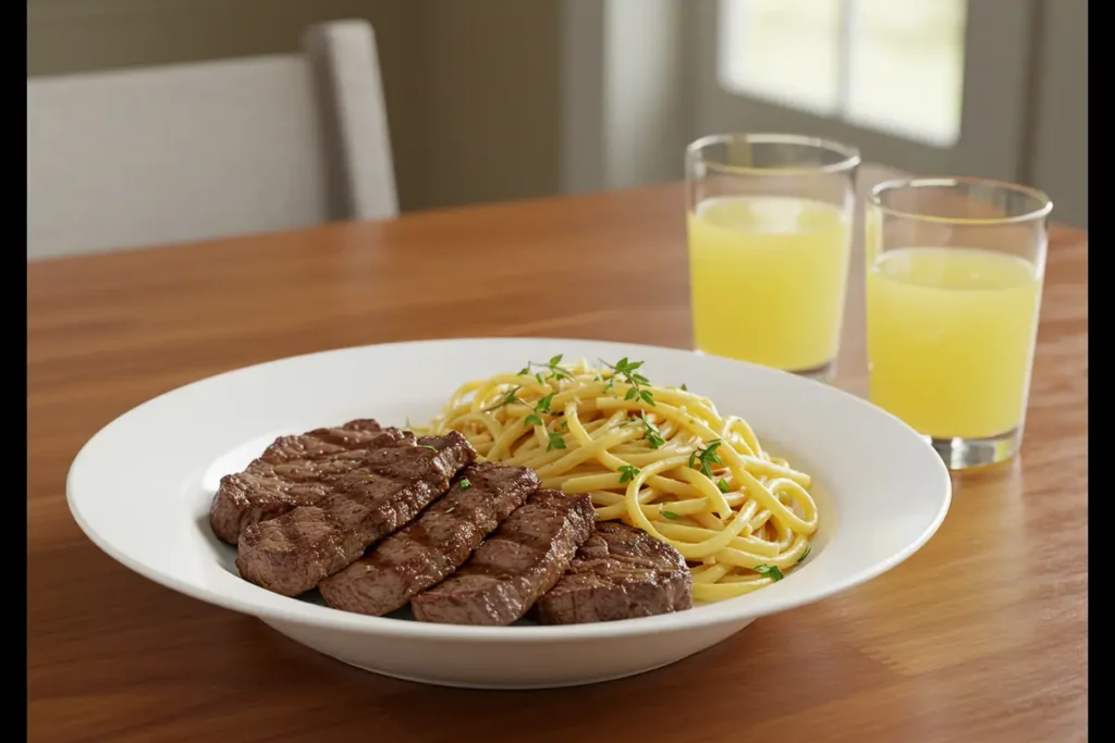 Plate of grilled steak slices and spaghetti garnished with herbs, served with two glasses of yellow lemon juice on a wooden table