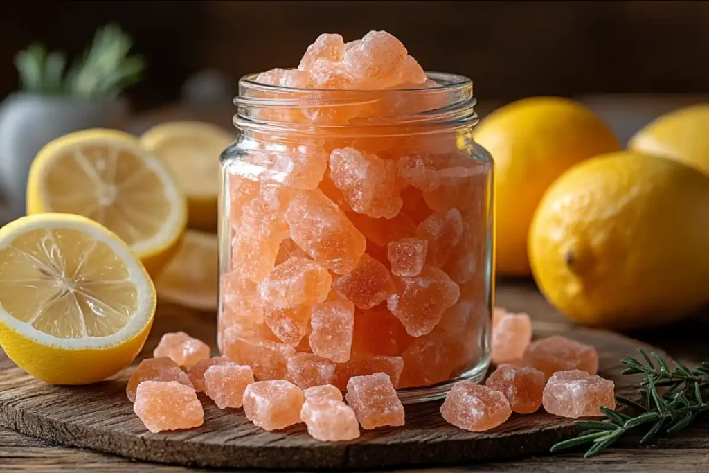 A jar filled with pink rock candies surrounded by sliced lemons and whole lemons on a wooden surface.