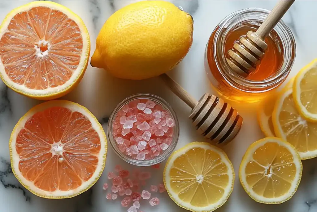 A flat lay of halved citrus fruits, honey, and pink salt weight loss recipe salt on a marble surface.