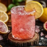 A refreshing pink cocktail garnished with a lemon slice sits on a wooden surface surrounded by fruit and ice.