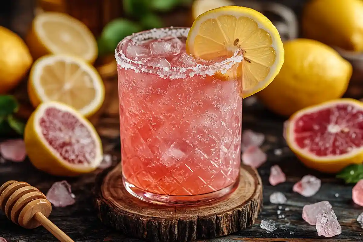 A refreshing pink cocktail garnished with a lemon slice sits on a wooden surface surrounded by fruit and ice.