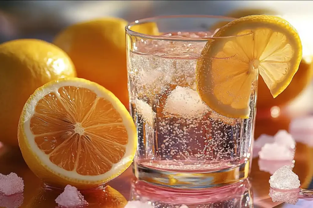 A glass of fizzy lemonade garnished with a lemon slice, surrounded by fresh lemons and ice.