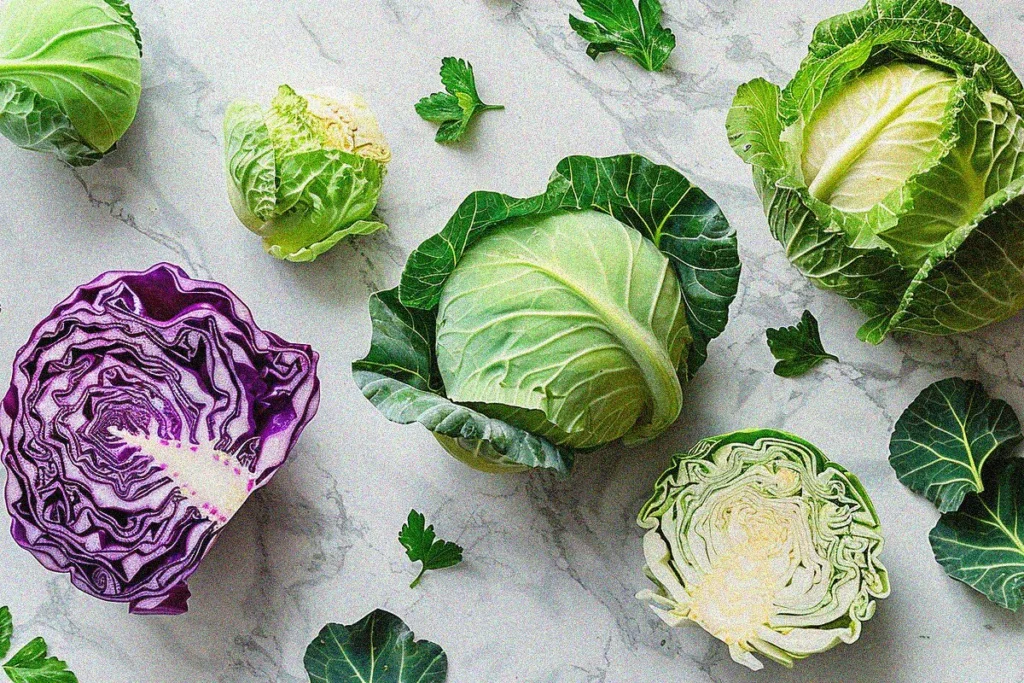 Fresh cabbage varieties for healthy cabbage recipes displayed on marble surface